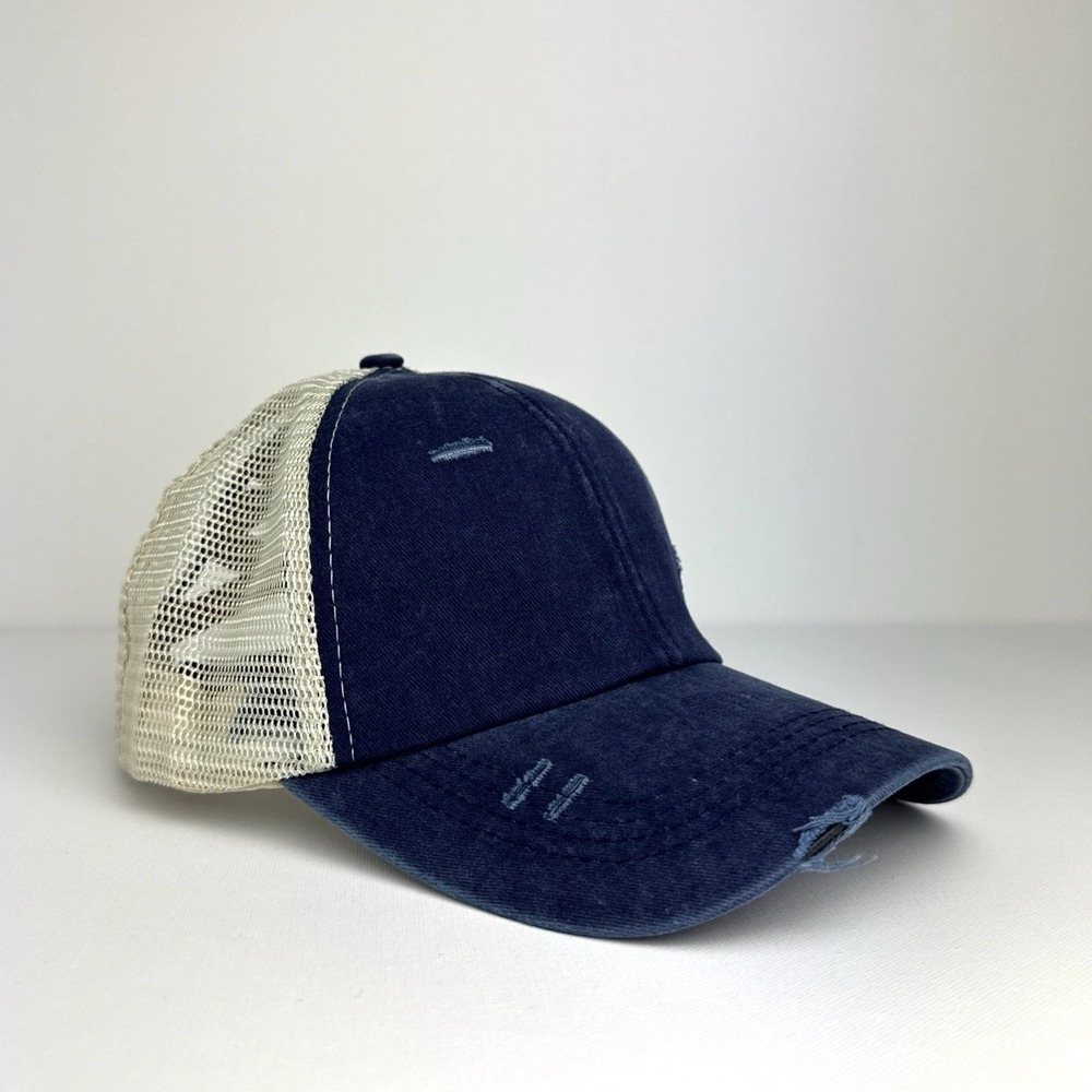 Women's PonyTail Hat Blue Washed Denim Criss Cross Mesh Baseball Cap‎
